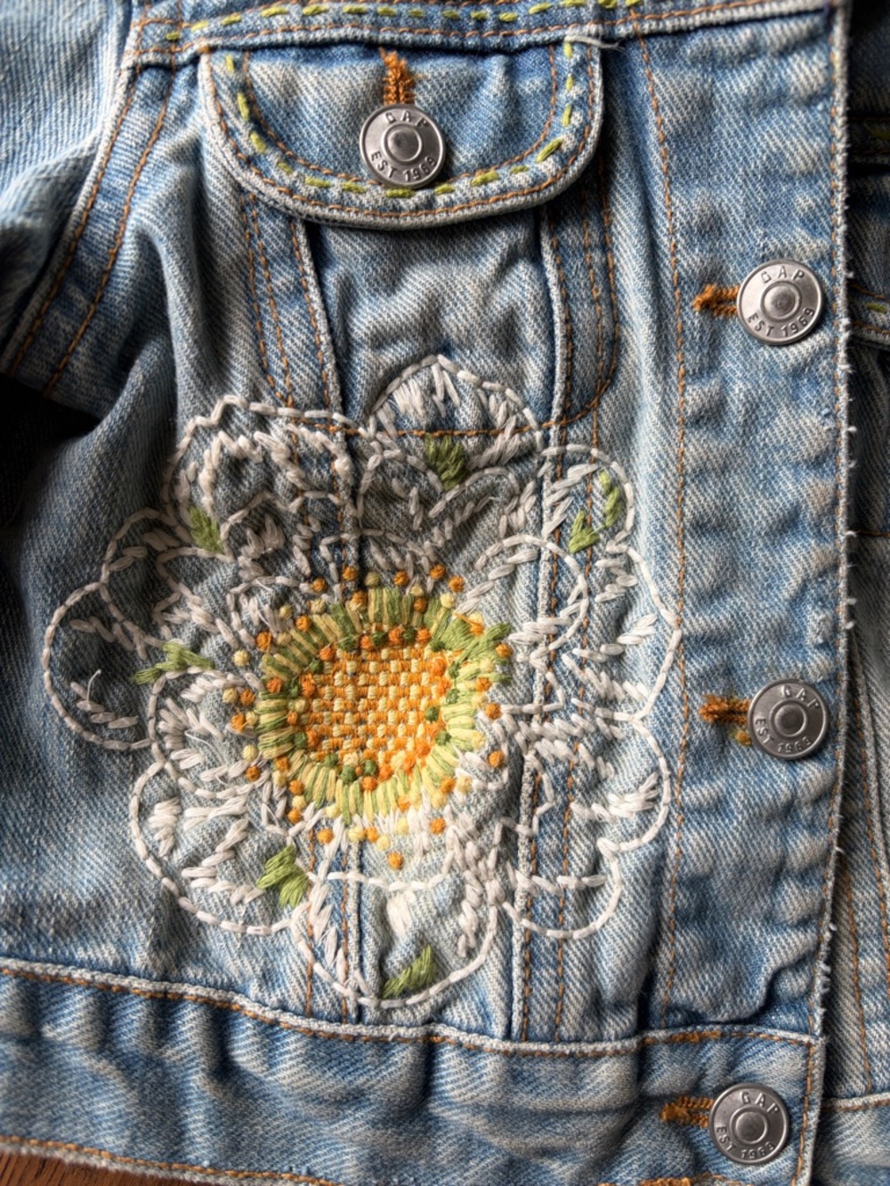 GAP Light Blue Denim Jacket with Yellow Floral Embroidery - Picture 3 of 5